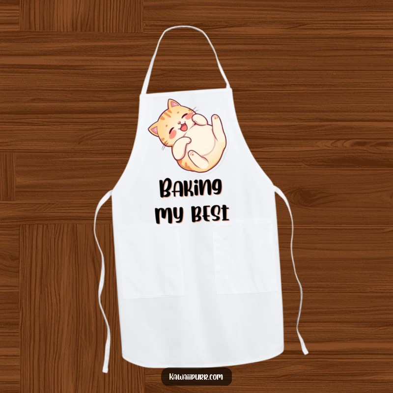 Funny Happy Cat Belly Apron depicting a playful cat character rolling on its back, ready to add fun to cooking.