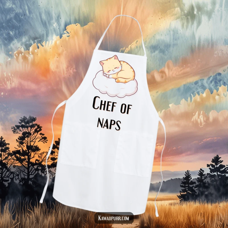 Funny sleepy cat curled on a cloud, purring with a content smile, on a kitchen apron. A humorous and functional cooking accessory.