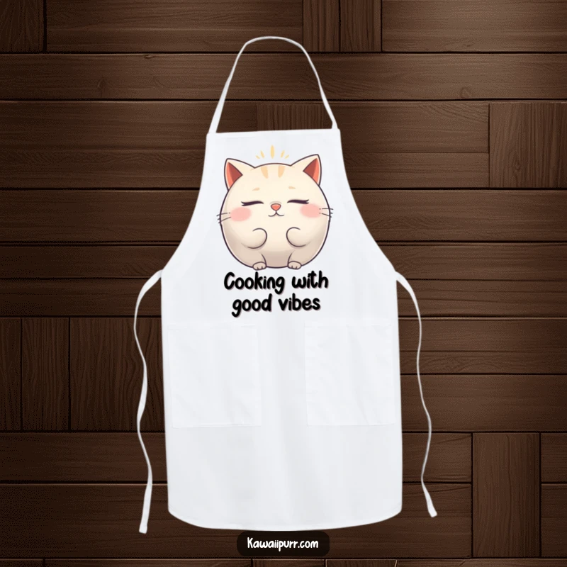 Funny Apron: Kitchen wear with a plump cat character emitting a peaceful vibrating aura, perfect for relaxed cooking.