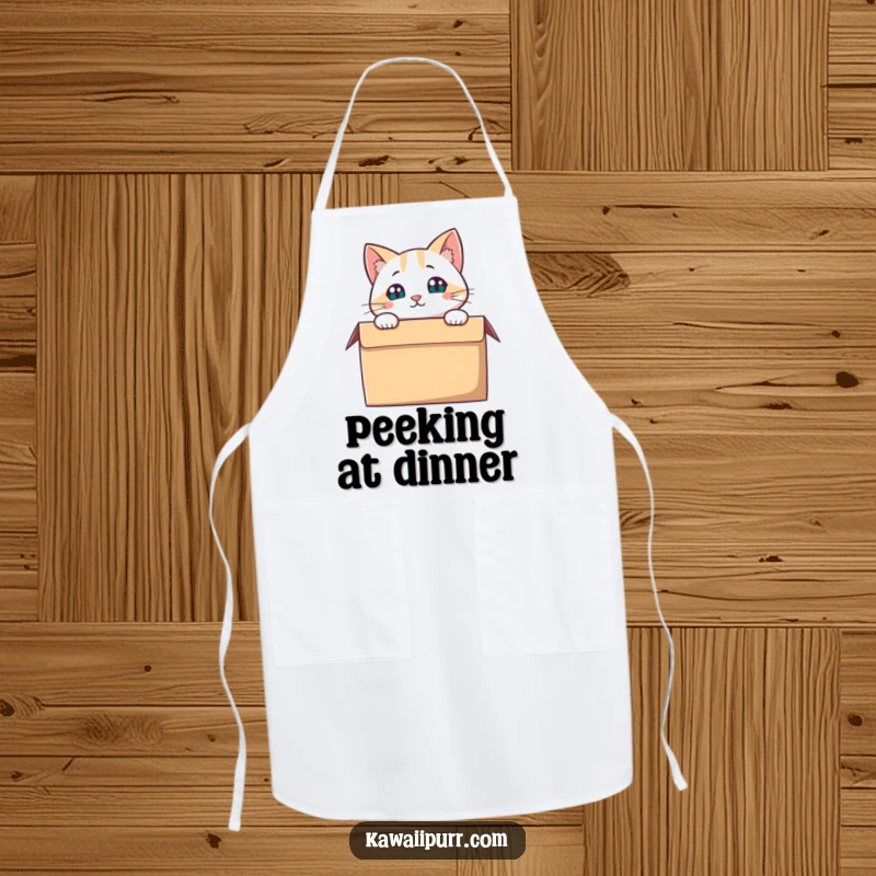 Funny Cat Apron, a cat peering curiously from a box, ideal for kitchen wear.