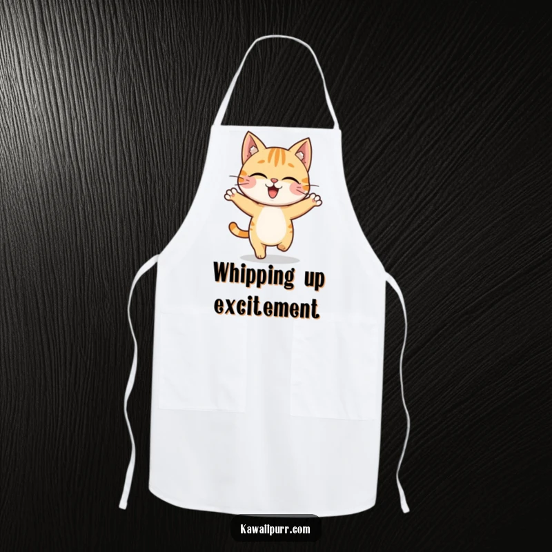 Funny cat character in a joyful hop, ready for culinary adventures on a practical apron.