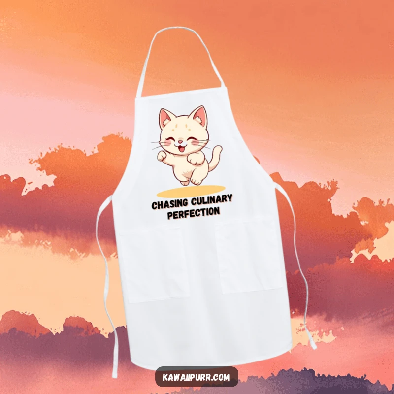 Funny Apron: Kitchen wear with a playful kitty character energetically chasing a laser pointer dot, adding energetic humor.