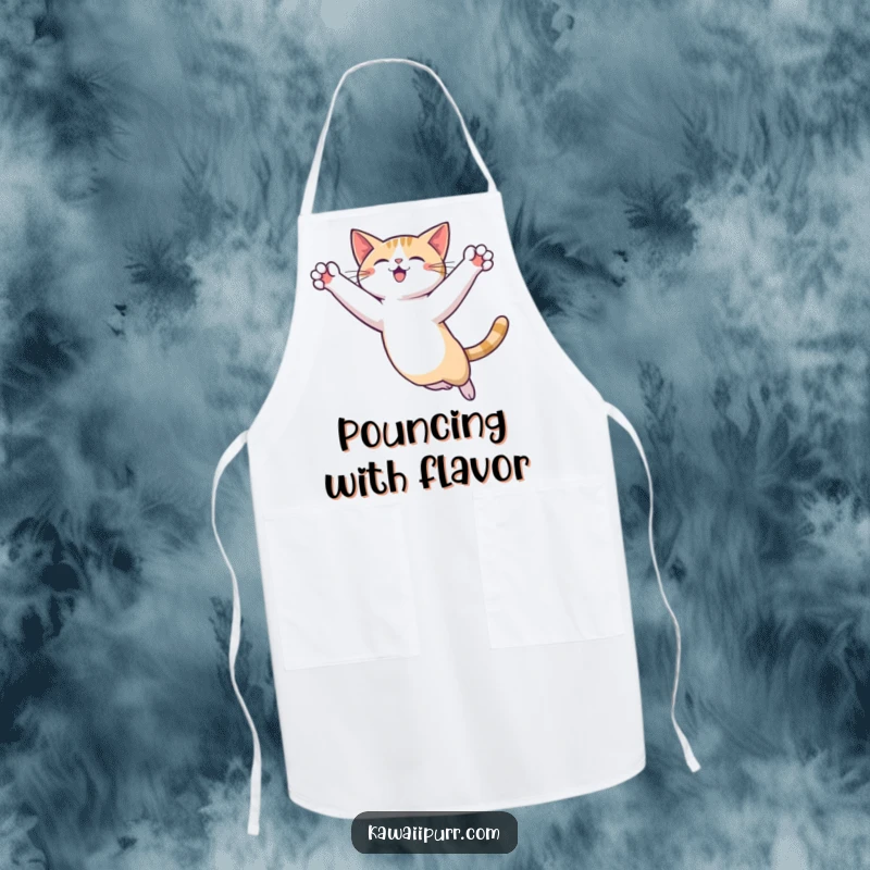 Funny Cat Leap Apron depicting a cat character mid-air in a graceful leap, ready to add fun to kitchen duties.