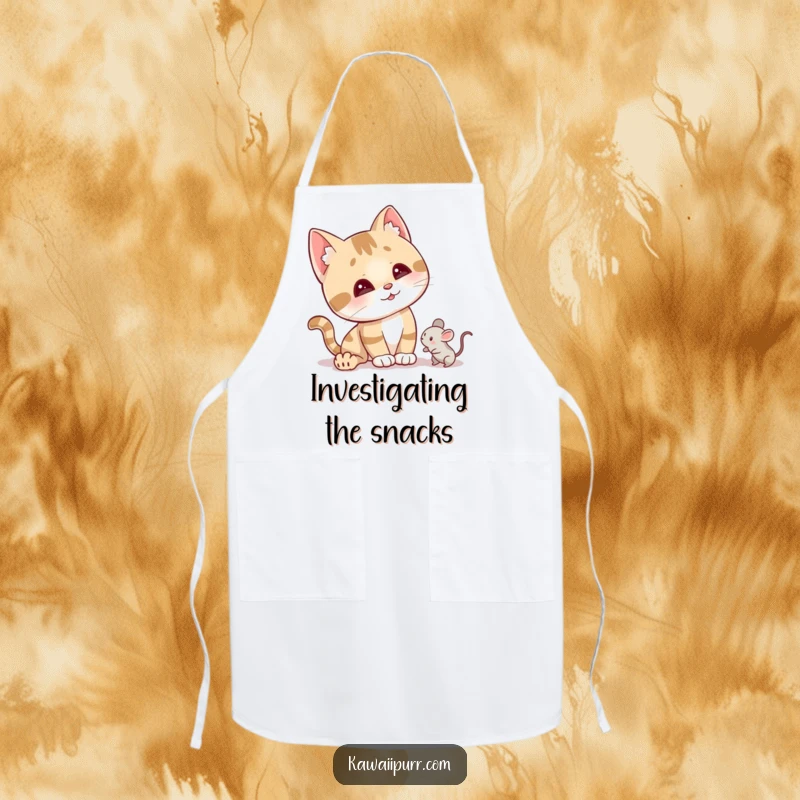 Funny curious cat apron with a character tilting its head attentively, ears perked, near a small mouse toy.