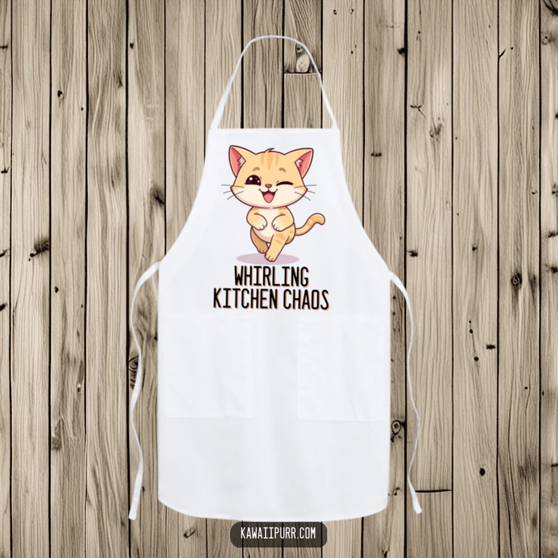Funny apron showing a cat with a silly grin, in a dizzy circle, chasing its tail. Perfect for a playful cook.