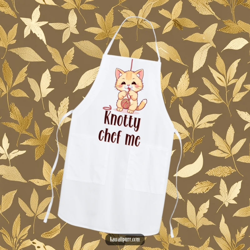 Funny fuzzy cat apron, shown playfully batting a ball of yarn, adding a touch of feline mischief to cooking.