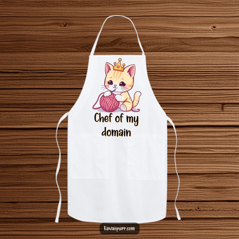 Funny apron with a kawaii cat wearing a tiny crown, playfully batting at a yarn ball, adding humor to culinary tasks.