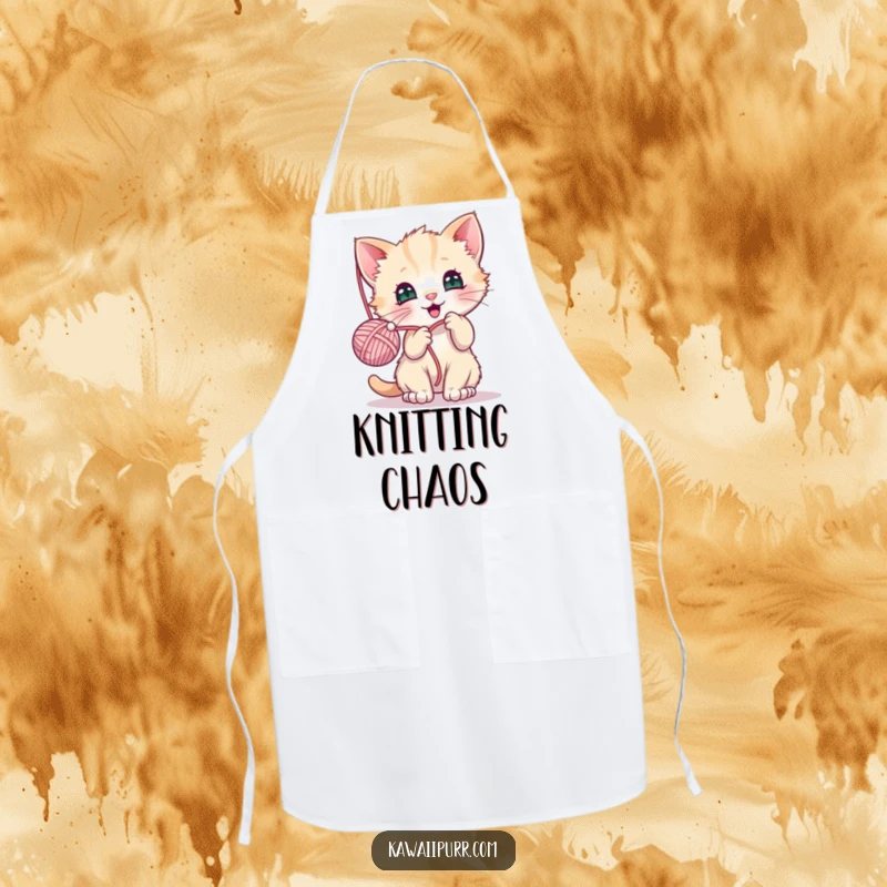 Funny apron with a kawaii kitten character joyfully playing with yarn, perfect for adding humor to kitchen tasks.