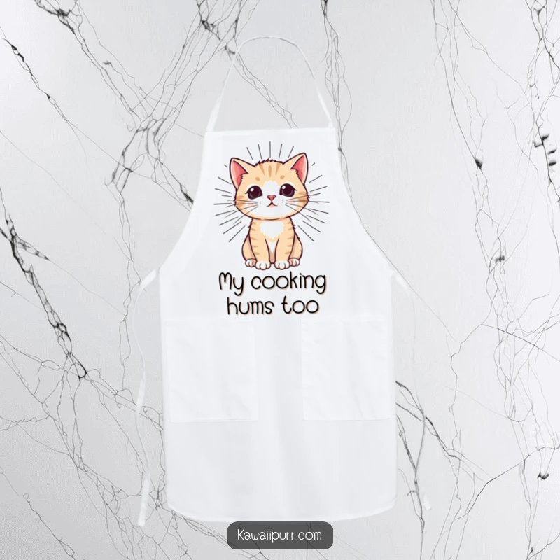 Funny Kitten Purr Apron showing a happy cat with emanating purr lines, designed for chefs and cat lovers who enjoy humor.