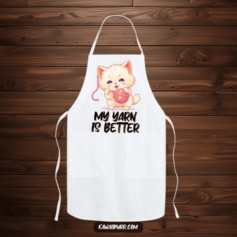Funny Apron: Kitchen wear with a fluffy kitten character playfully batting at a sparkly yarn ball, adding cute humor.