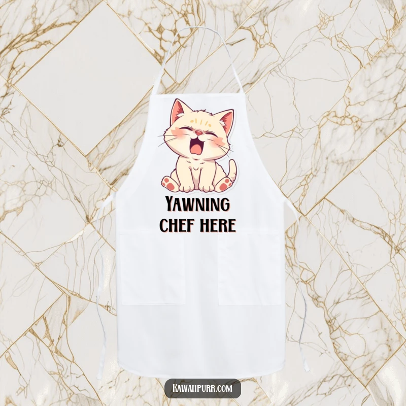 Funny Kitten Character stretching lazily with a yawn on a kitchen apron, adding sleepy humor and relaxed charm.