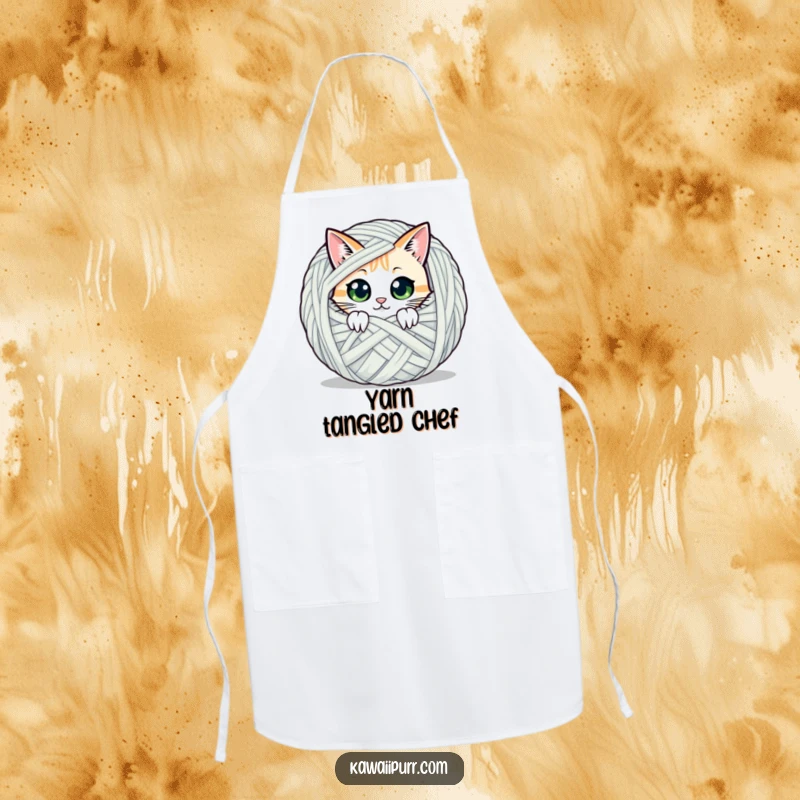 Funny apron with a cat character peeking from behind a yarn ball, perfect for adding humor to kitchen tasks.