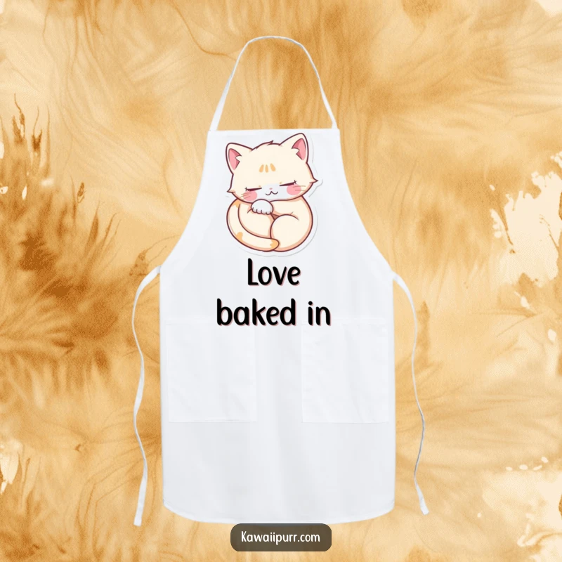 Funny apron featuring a purring cat curled into a heart, eyes closed, making kitchen time cozy and cute.