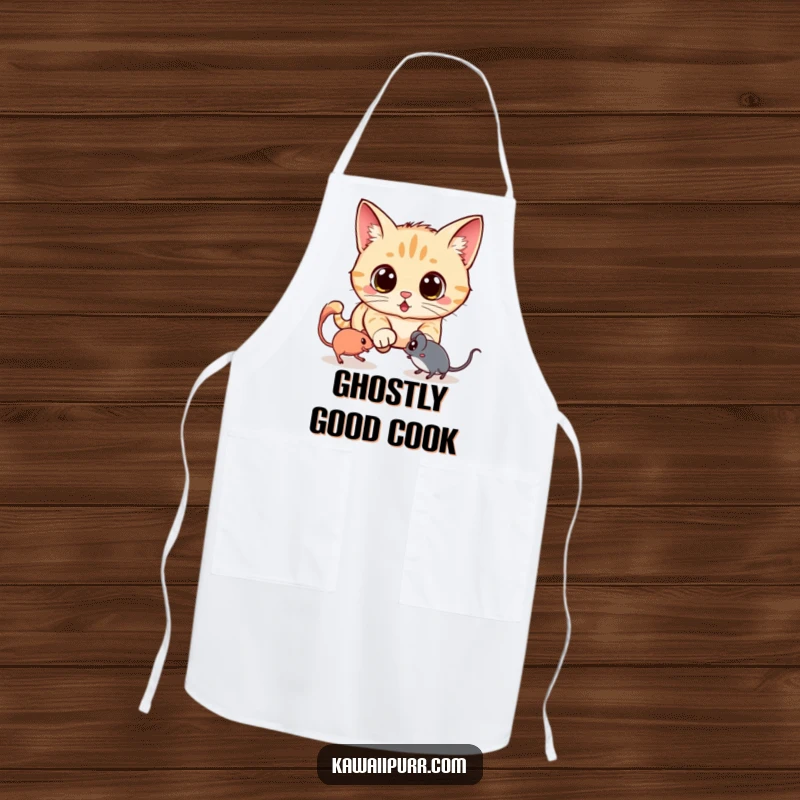 Funny apron showing a kawaii cat with wide, shocked eyes, chasing a translucent ghost mouse, adding humor to kitchen tasks.