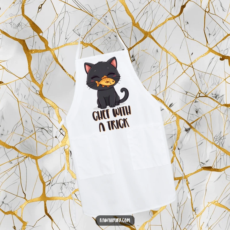 Funny Apron: A black cat with a mischievous grin balancing a tiny fish on its nose, ready for kitchen fun.