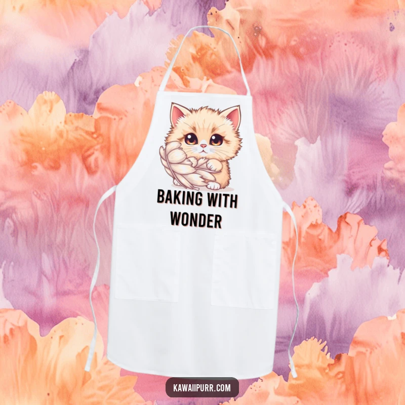 Funny Apron: A fluffy cat with wide, curious eyes peeking from behind a shimmering feather, ready for kitchen adventures.