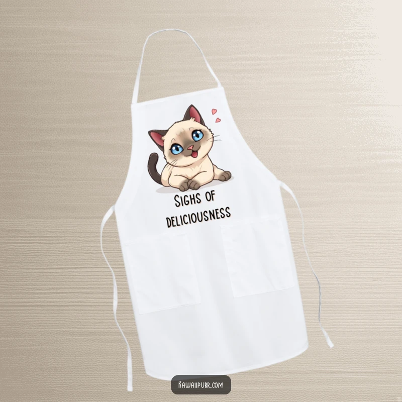 Funny Apron: A Siamese cat with sparkling blue eyes stretching languidly, embodying serene relaxation, ready for kitchen duties.