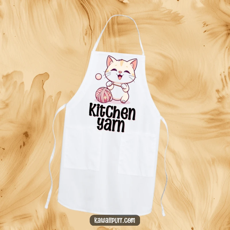 Funny kawaii cat excitedly batting a bouncing ball of yarn, wearing a kitchen apron.