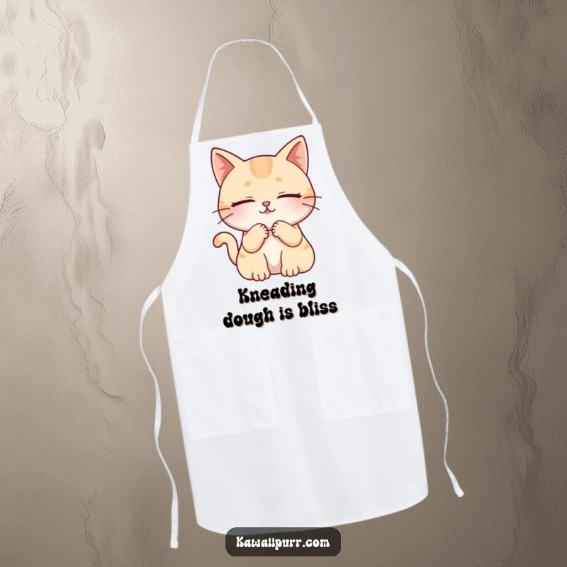 Funny cat character purring with closed eyes, ready to help in the kitchen on a delightful apron.