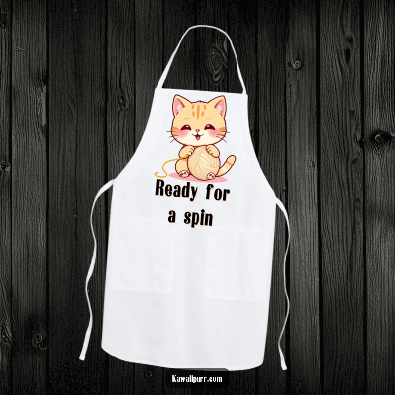 Funny Cat Apron, a mischievous cat happily batting a huge ball of yarn, ideal for kitchen protection.
