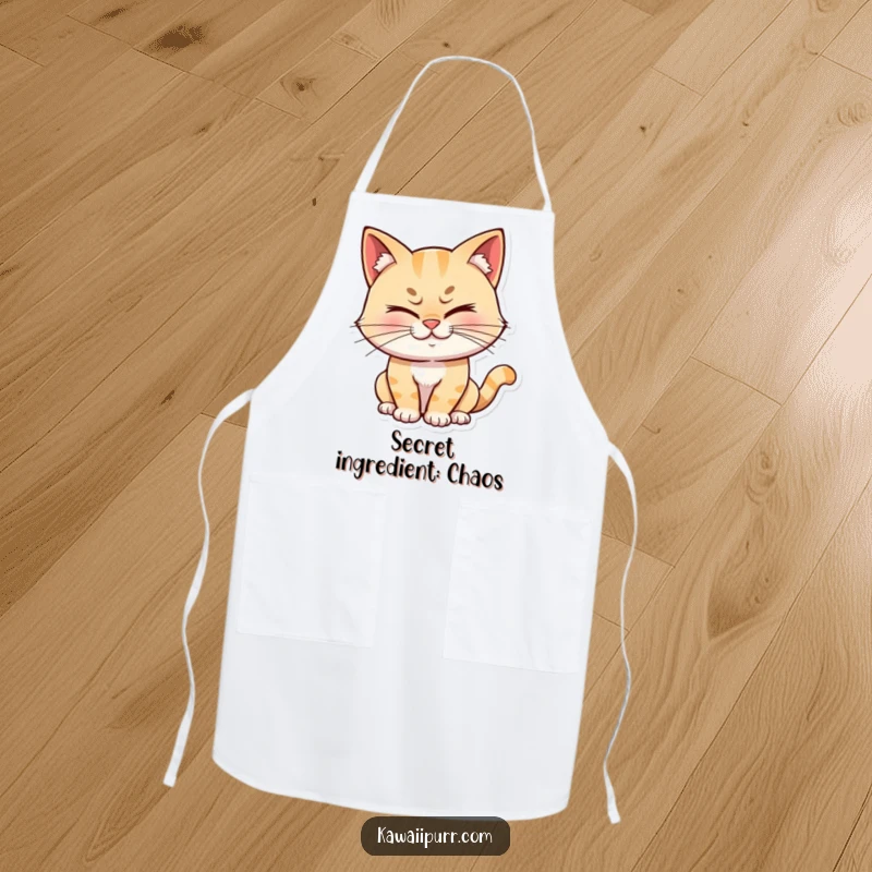 Funny cat character winking with a mischievous grin, displayed on a functional apron, ideal for adding a touch of playful humor to cooking.