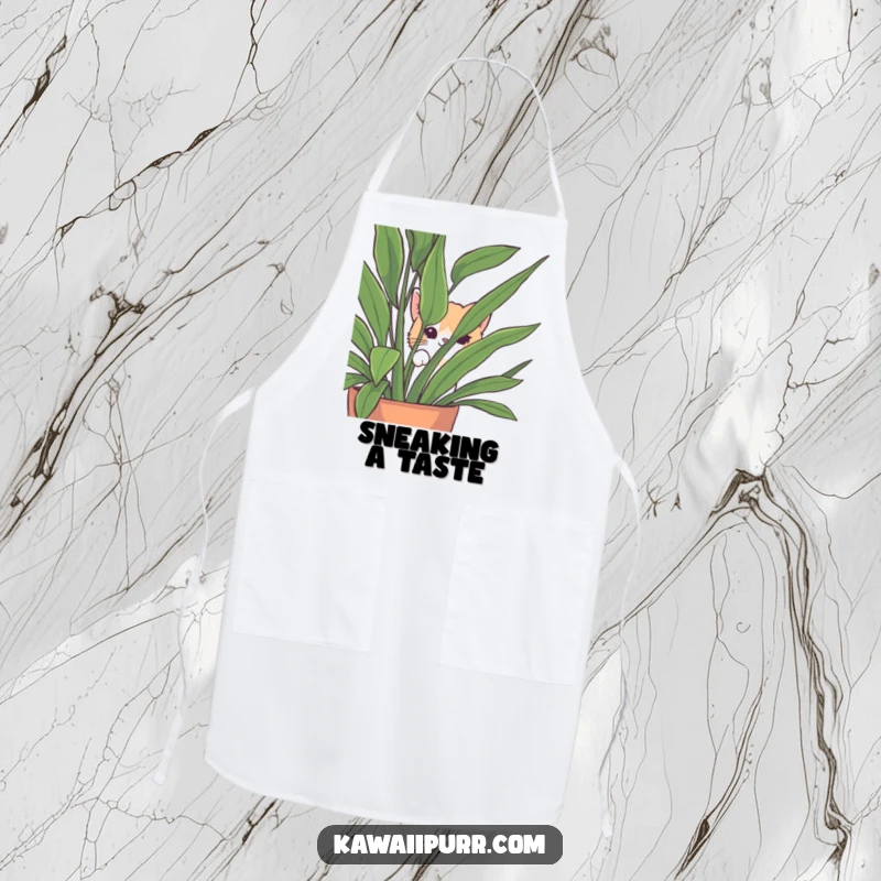 Funny Peek-a-Boo Cat Apron showing a cat playfully peeking from behind a houseplant, ready for kitchen adventures.