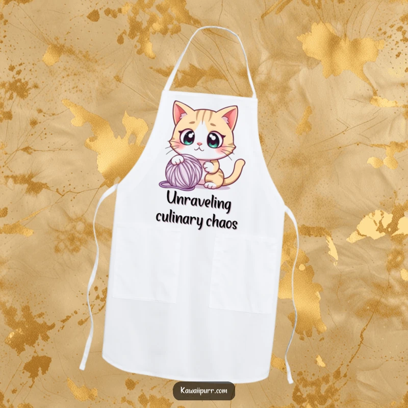 Funny apron with a cartoon cat character sporting comically wide eyes, looking startled by a playful yarn ball approaching.