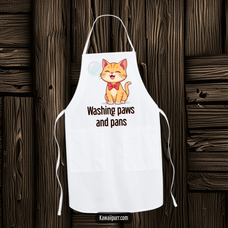 Funny apron showing a ginger cat in a bowtie joyfully batting at a floating bubble, perfect for kitchen fun.