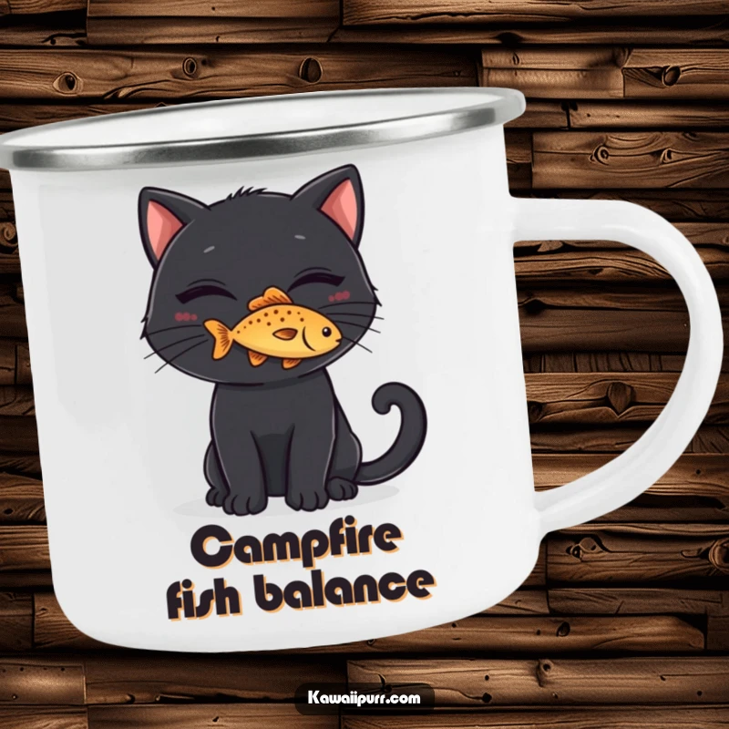 Funny Camping Mug: A black cat with a mischievous grin balancing a tiny fish on its nose, ready for the outdoors.