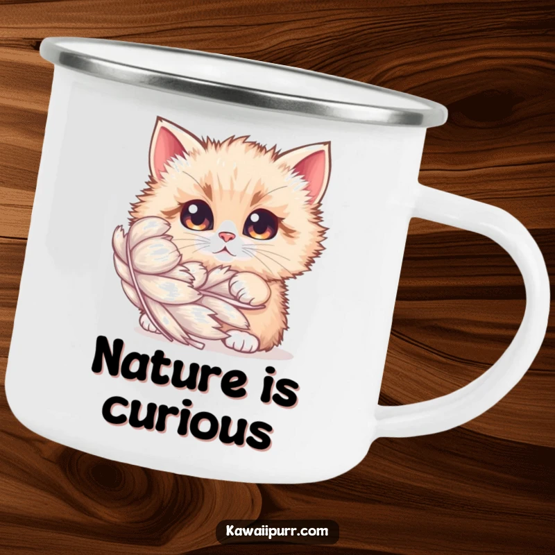 Funny Camping Mug: A fluffy cat with curious eyes peeking from behind a shimmering feather, ready for outdoor discovery.