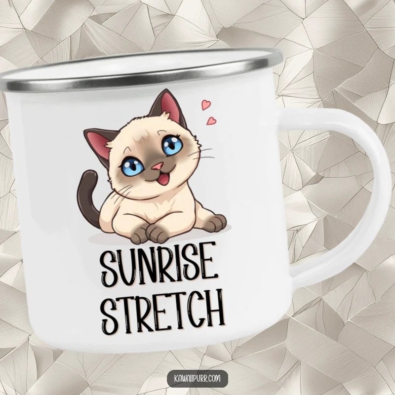Funny Camping Mug: A Siamese cat with sparkling blue eyes stretching languidly with a happy sigh, ready for the outdoors.