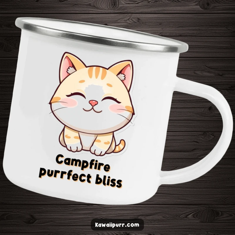 Funny camping mug featuring a content, smiling cat with eyes closed, purring, perfect for outdoor calm.