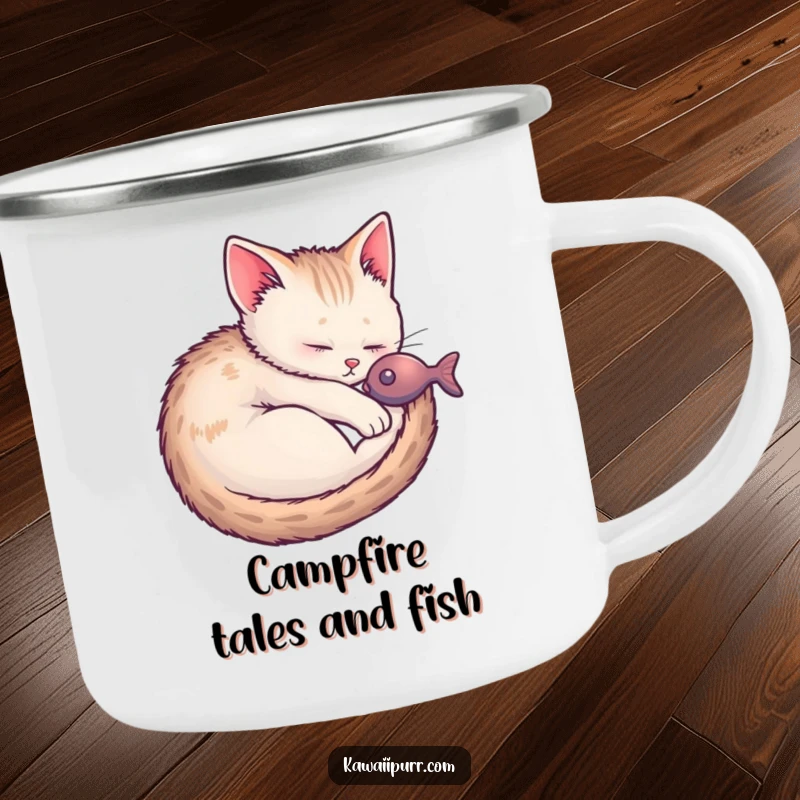 Funny Kitten Fish Dream Camping Mug showing a sleeping kitten dreaming of fish, built for outdoor adventures.