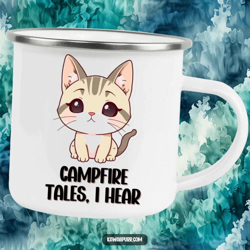 Funny camping mug featuring a cartoon cat with ears perked high, listening intently, perfect for outdoor awareness.