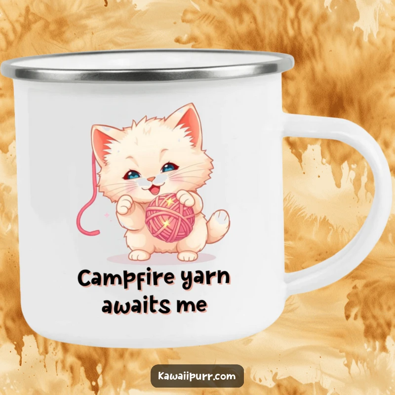 Funny Camping Mug: Sturdy enamel mug with a fluffy kitten playing with a sparkly yarn ball, perfect for outdoor fun.