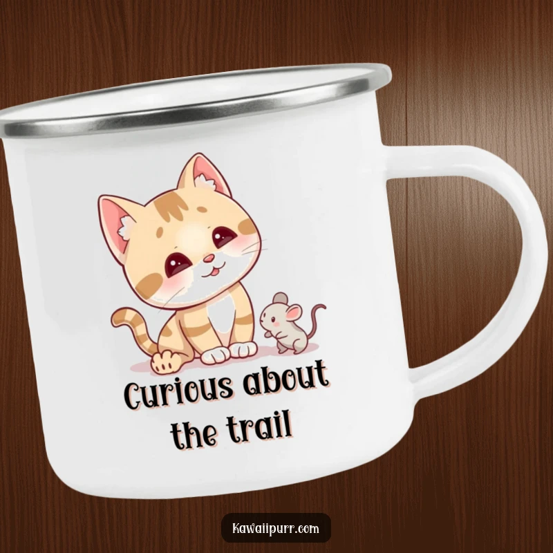 Funny curious cat camping mug with a character tilting its head, ears perked, ready for outdoor exploration.