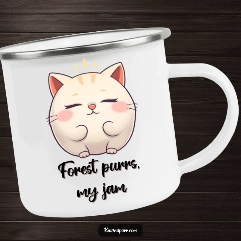 Funny Camping Mug: Sturdy enamel mug with a plump cat emitting a peaceful vibrating aura, great for relaxed outdoor moments.
