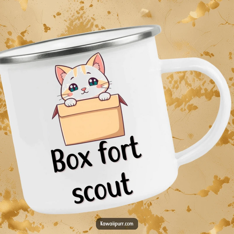 Funny Cat Camping Mug, a cat peering from a box, for outdoor exploration.