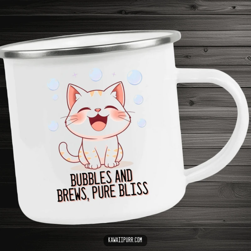 Funny camping mug featuring a cartoon cat character roaring with laughter, surrounded by small, delightful bubbles, perfect for outdoor fun.