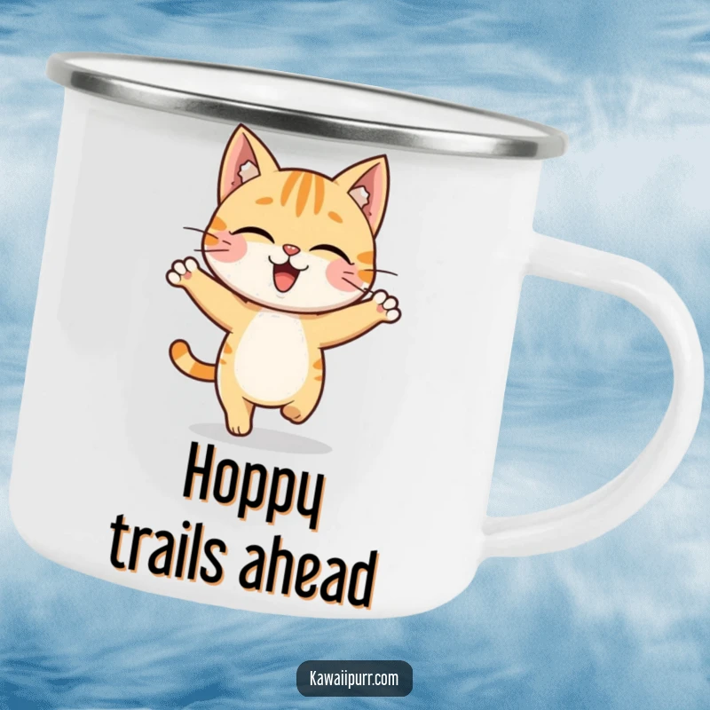 Funny cat character in a joyful hop, ready for any adventure on a robust camping mug.