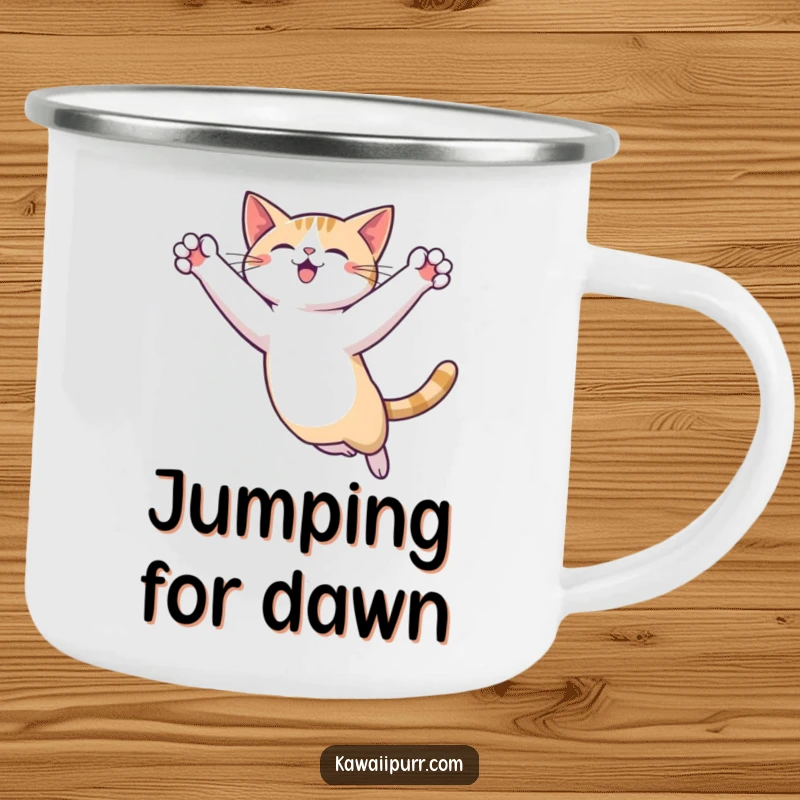 Funny Cat Leap Camping Mug featuring a cat character gracefully leaping, perfect for sipping coffee by the campfire in style.