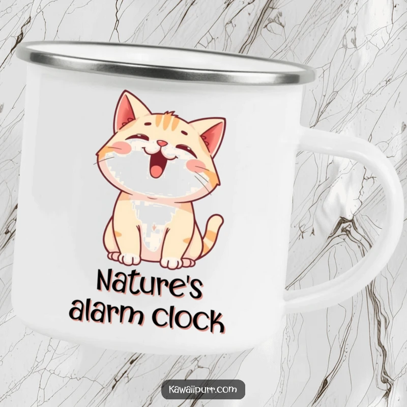 Funny Cat Camping Mug: A sturdy mug showing a happy cat character meowing upwards, perfect for outdoor enjoyment.