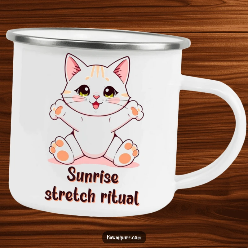 Funny Cat Camping Mug, a cat doing a big stretch with wide paws, for outdoor use.