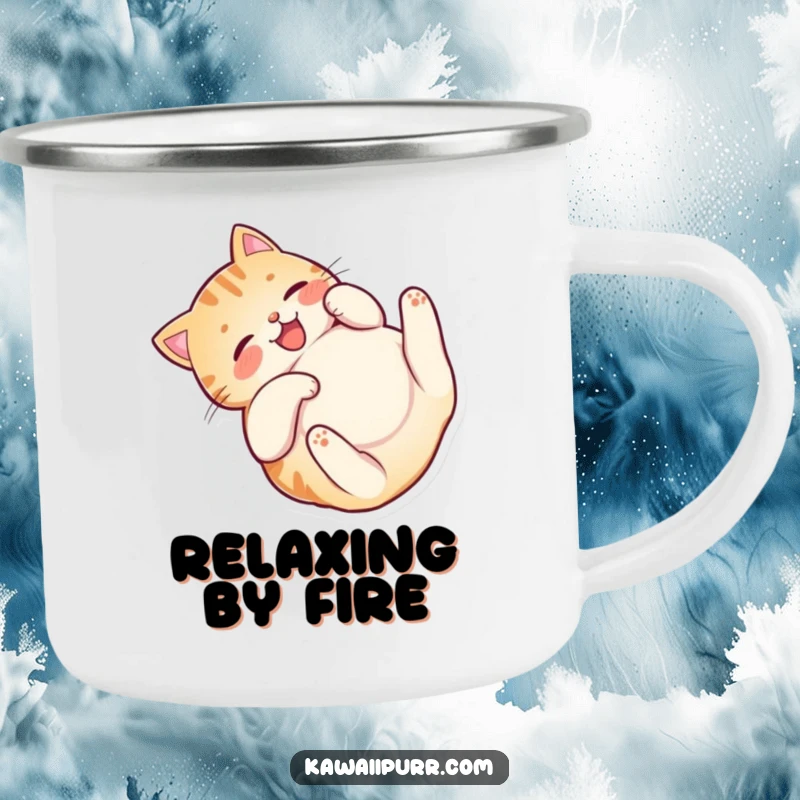 Funny Happy Cat Belly Camping Mug featuring a playful cat character rolling on its back, perfect for enjoying beverages outdoors.
