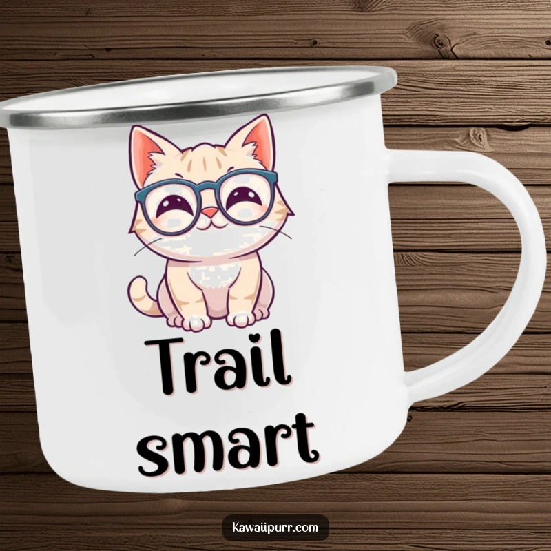 Funny kawaii cat wiggling ears, wearing oversized spectacles, holding a camping mug.
