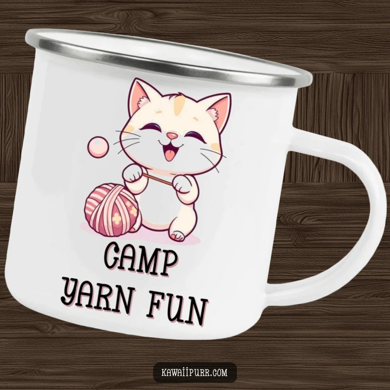 Funny kawaii cat excitedly batting a bouncing ball of yarn, holding a camping mug.