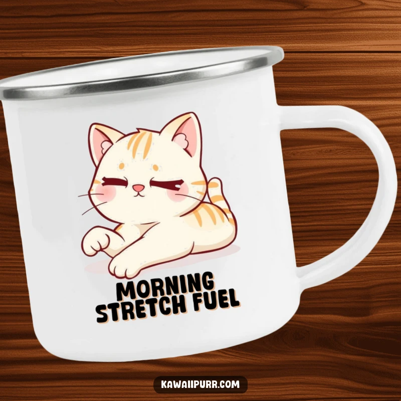 Funny camping mug with a kawaii cat stretching lazily with a mischievous wink, bringing playful humor to outdoor brews.