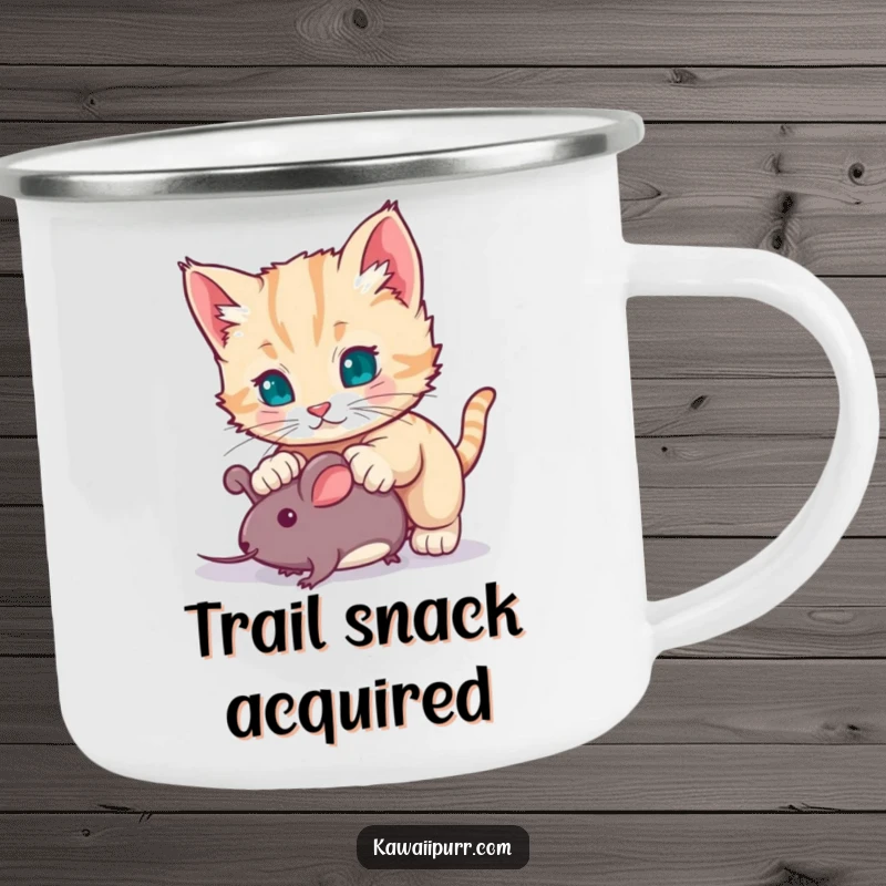 Funny kitten character pouncing on a toy mouse, depicted on a rugged camping mug, celebrating outdoor fun and humor.
