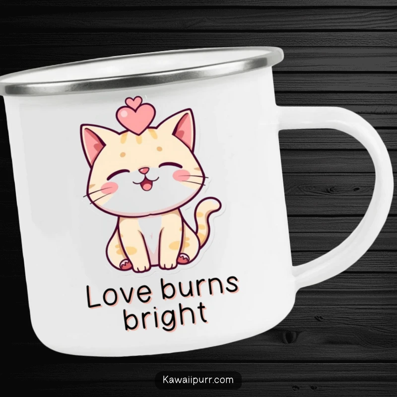 Funny enamel camping mug showing a purring cat with a heart, perfect for outdoor adventures and cat fans.