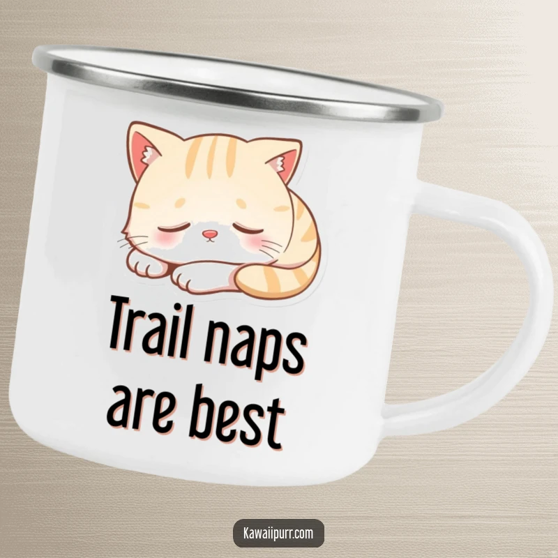 Funny camping mug featuring a cartoon cat character in deep sleep, with a small, contented smile, perfect for outdoor rest.